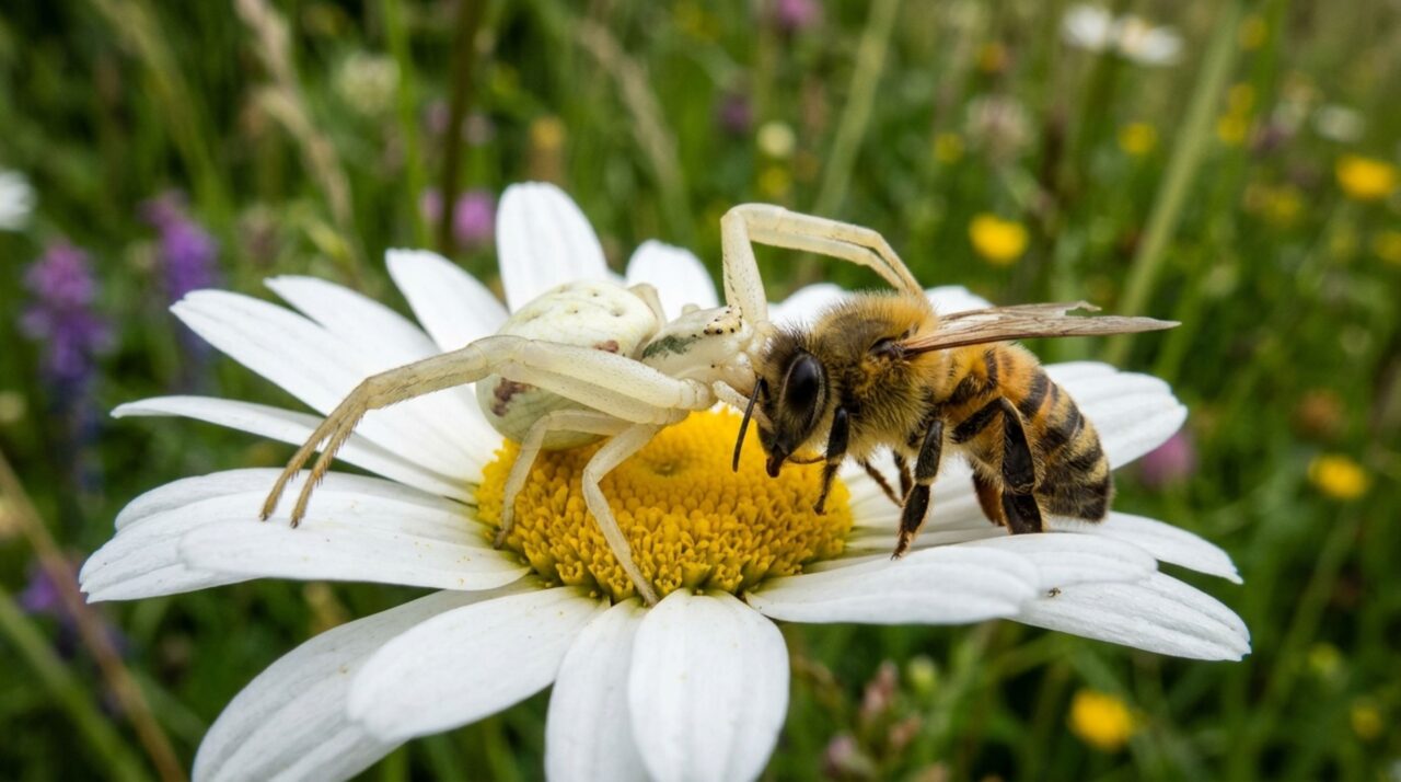 A Misumena vatia captura polinizadores com as pernas dianteiras e as quelíceras sem precisar construir uma teia de caça