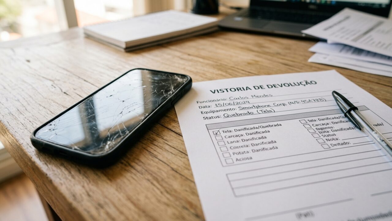 Funcionário pede demissão, devolve celular corporativo e empresa retém R$ 4.300 da rescisão alegando riscos encontrados na tela dias depois