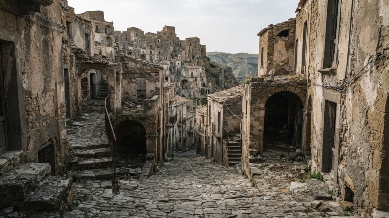 Um deslizamento começou a expulsar moradores desta cidade italiana em 1963, e o que sobrou virou um labirinto de igrejas, palácios e casas vazias no alto de uma montanha