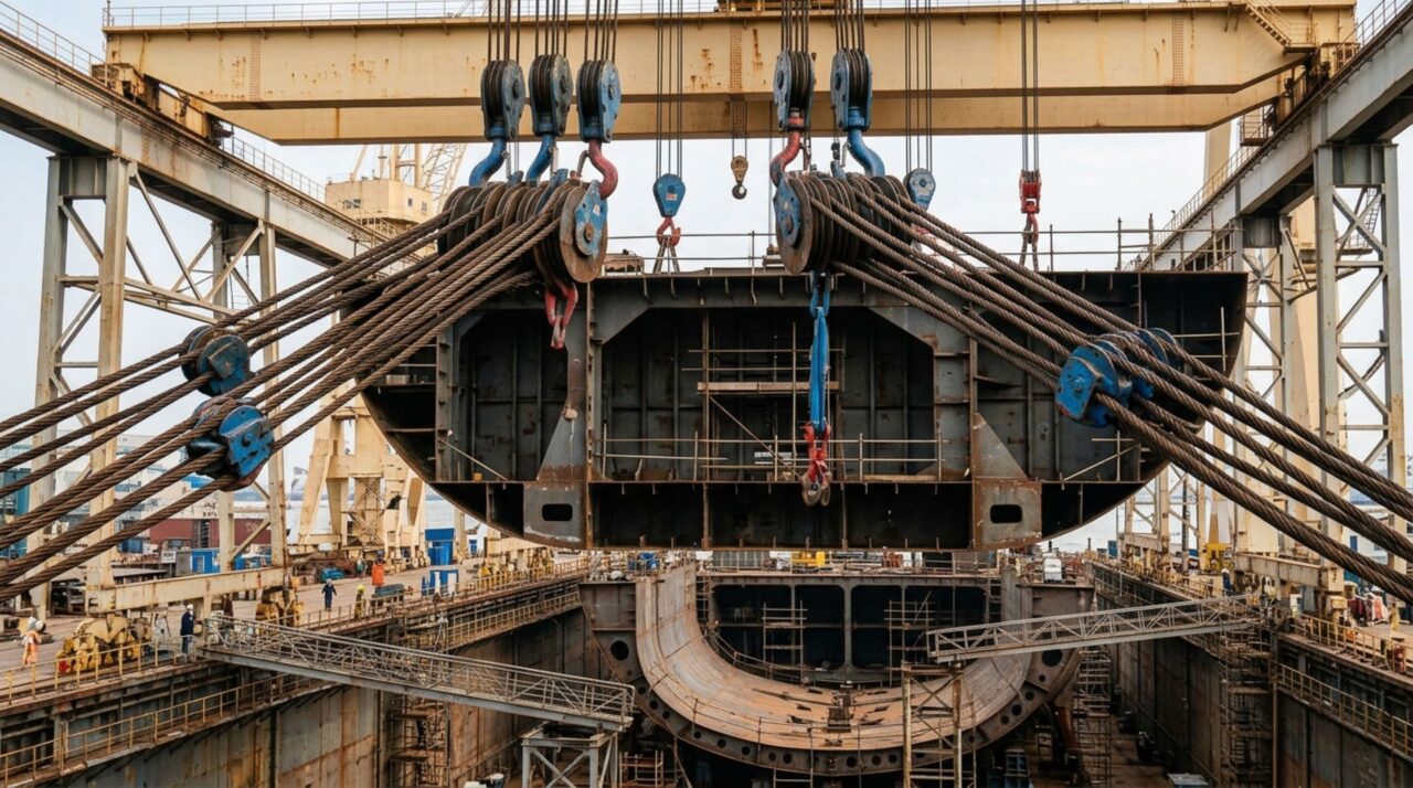 Detalhe das vigas e cabos de sustentação do guindaste Taisun durante a integração de megablocos