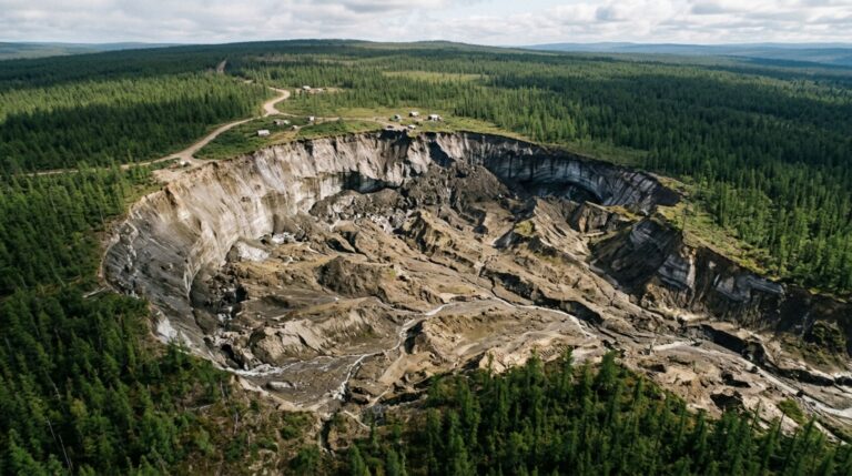A cratera Batagaika cresce à medida que o permafrost rico em gelo descongela, perde sustentação e provoca novos desmoronamentos