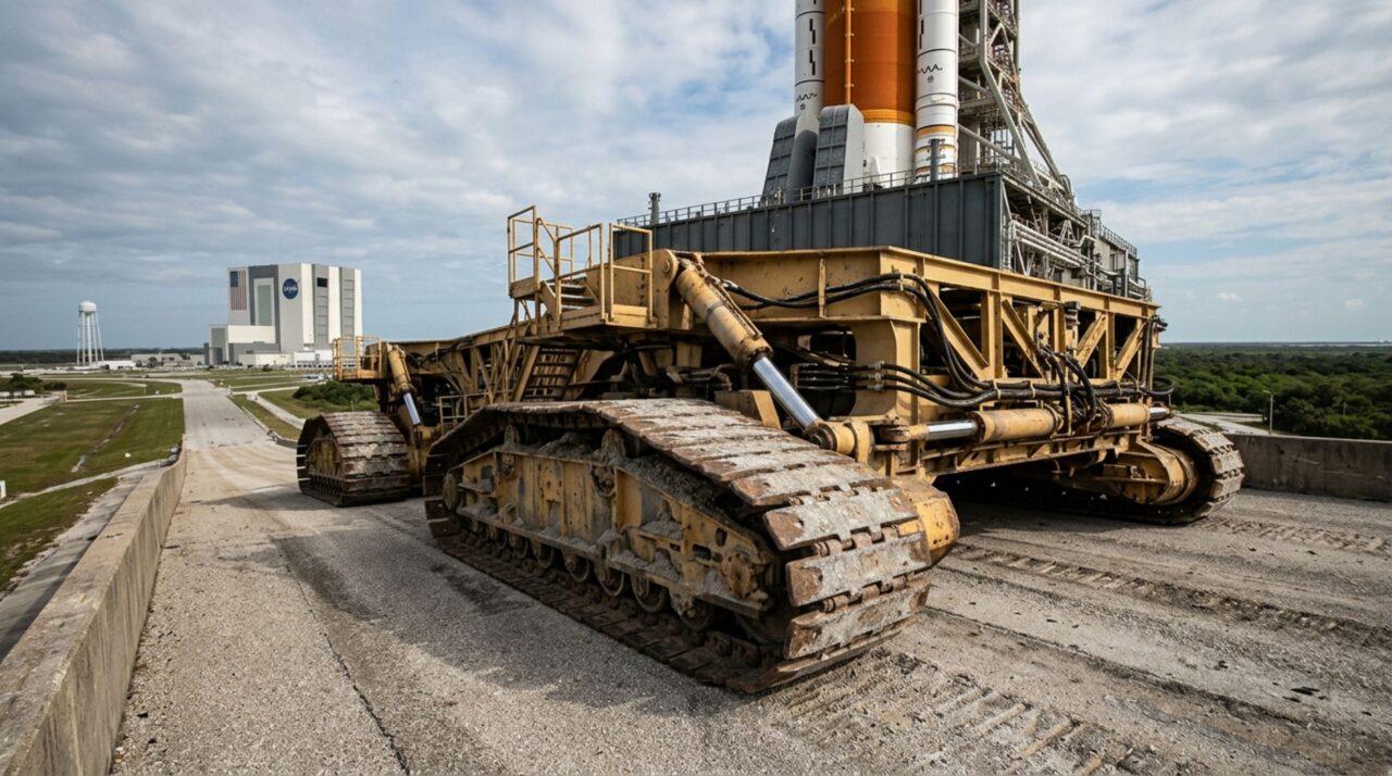 O sistema hidráulico JEL do Crawler-Transporter da NASA compensa a inclinação da rampa e mantém a enorme estrutura transportada praticamente nivelada durante o deslocamento