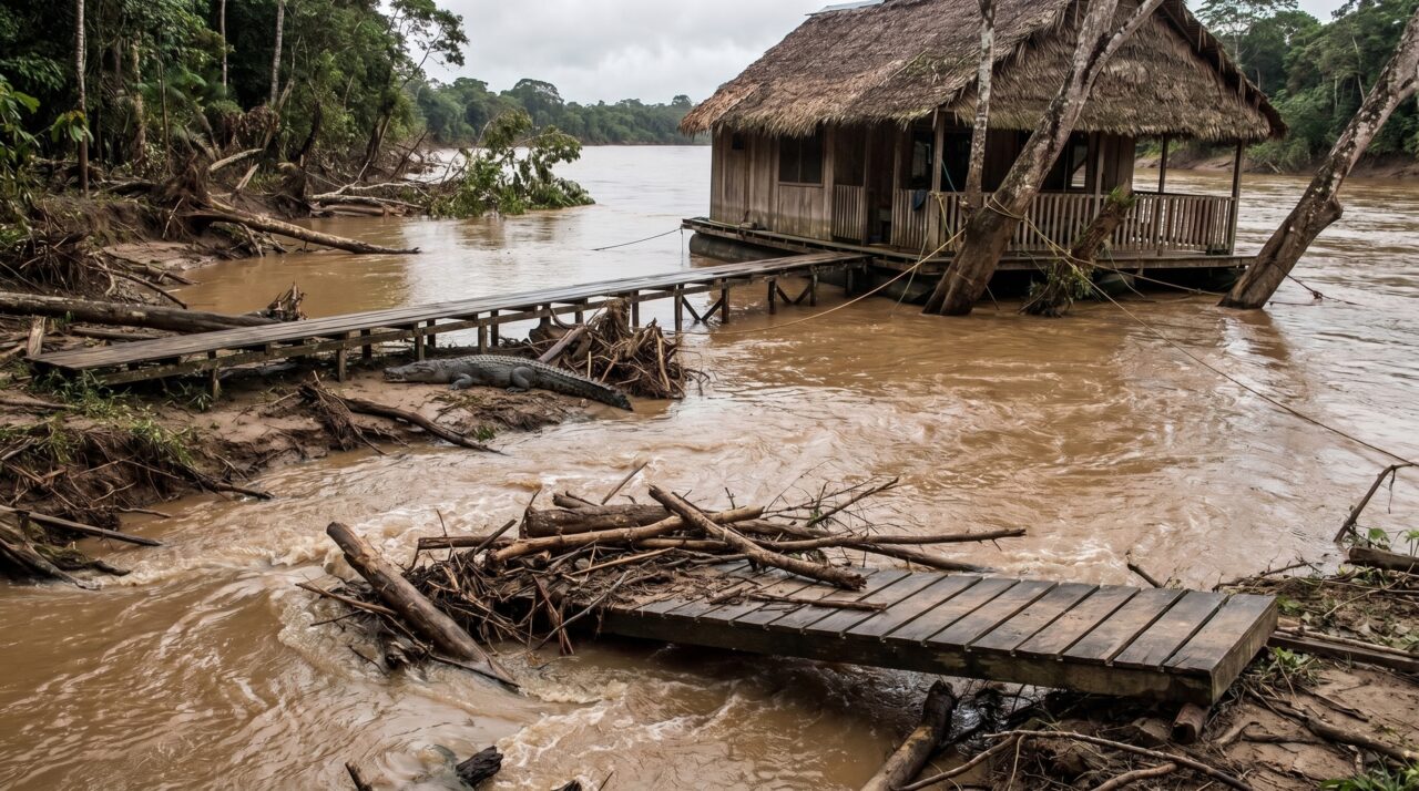 Durante cinco semanas abrindo uma pousada flutuante antes do amanhecer, funcionário passa a encontrar o mesmo crocodilo imóvel ao lado da rampa de serviço, até que uma cheia muda o canal e o animal reaparece três dias depois sob a passarela usada para descarregar mantimentos