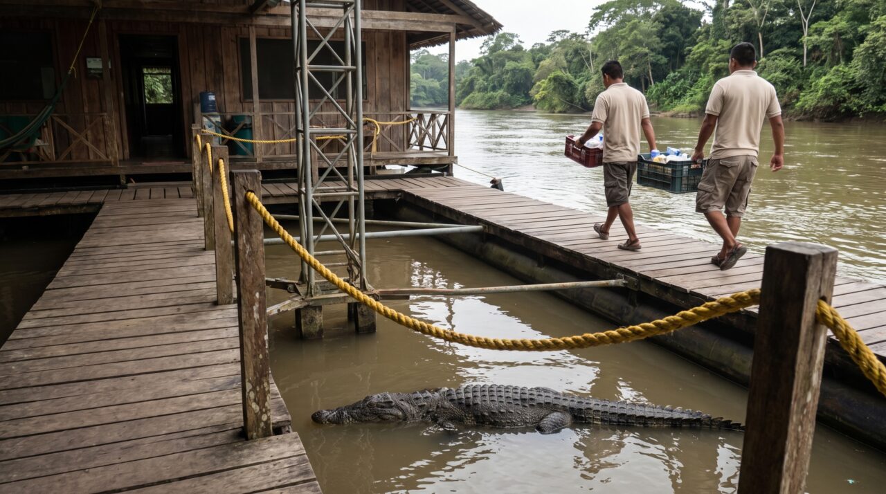 Durante cinco semanas abrindo uma pousada flutuante antes do amanhecer, funcionário passa a encontrar o mesmo crocodilo imóvel ao lado da rampa de serviço, até que uma cheia muda o canal e o animal reaparece três dias depois sob a passarela usada para descarregar mantimentos