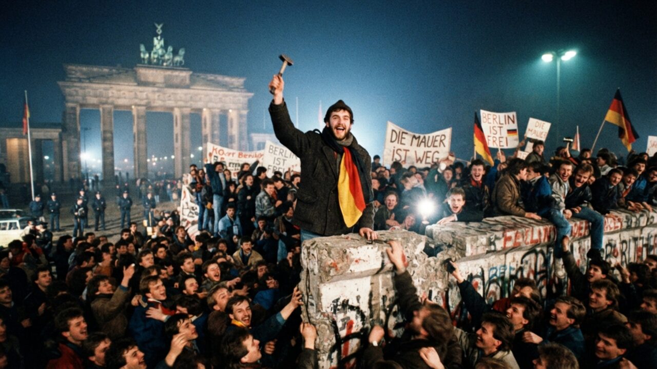 Muro de Berlim começou a abrir na noite de 9 de novembro de 1989 depois que um porta-voz disse por engano que novas regras de viagem valiam imediatamente, antes mesmo de os guardas receberem instruções