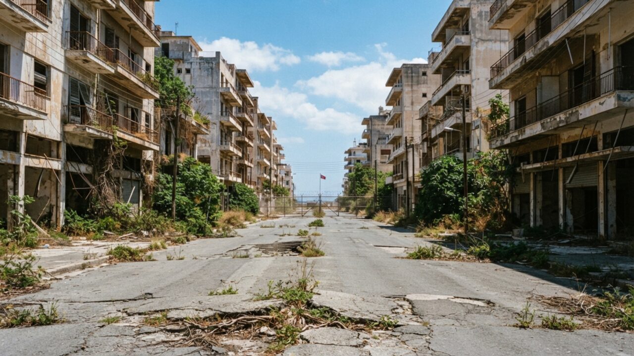 Hotéis e prédios de um antigo resort mediterrâneo ficaram vazios depois de 1974, criando uma faixa urbana interrompida onde o tempo parece ter parado perto da praia