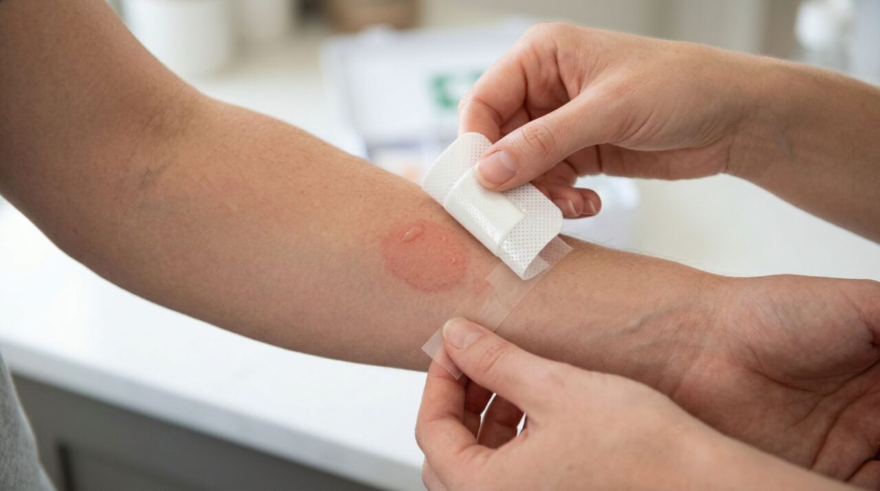 Depois do resfriamento, uma queimadura pequena pode ser protegida com curativo limpo e não aderente, sem estourar bolhas ou aplicar receitas caseiras