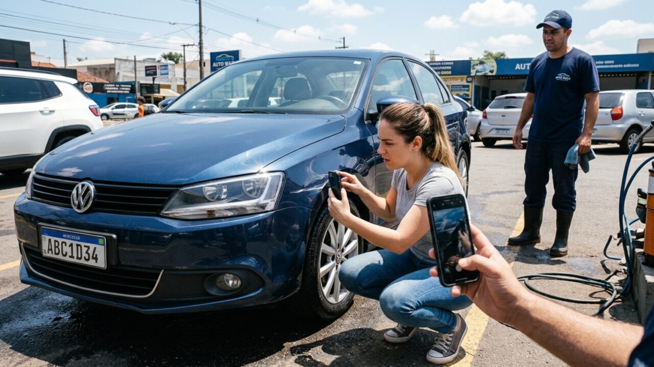 Motorista encontra carro riscado após lavagem em estacionamento e empresa afirma que marcas já existiam antes do serviço
