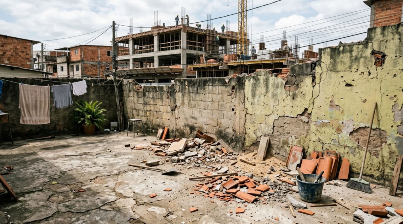 Moradora reclama que construção de prédio ao lado está deixando cair detritos em sua casa e não estão utilizando redes de segurança para evitar isso e caso vai parar na justiça após danos causados na propriedade