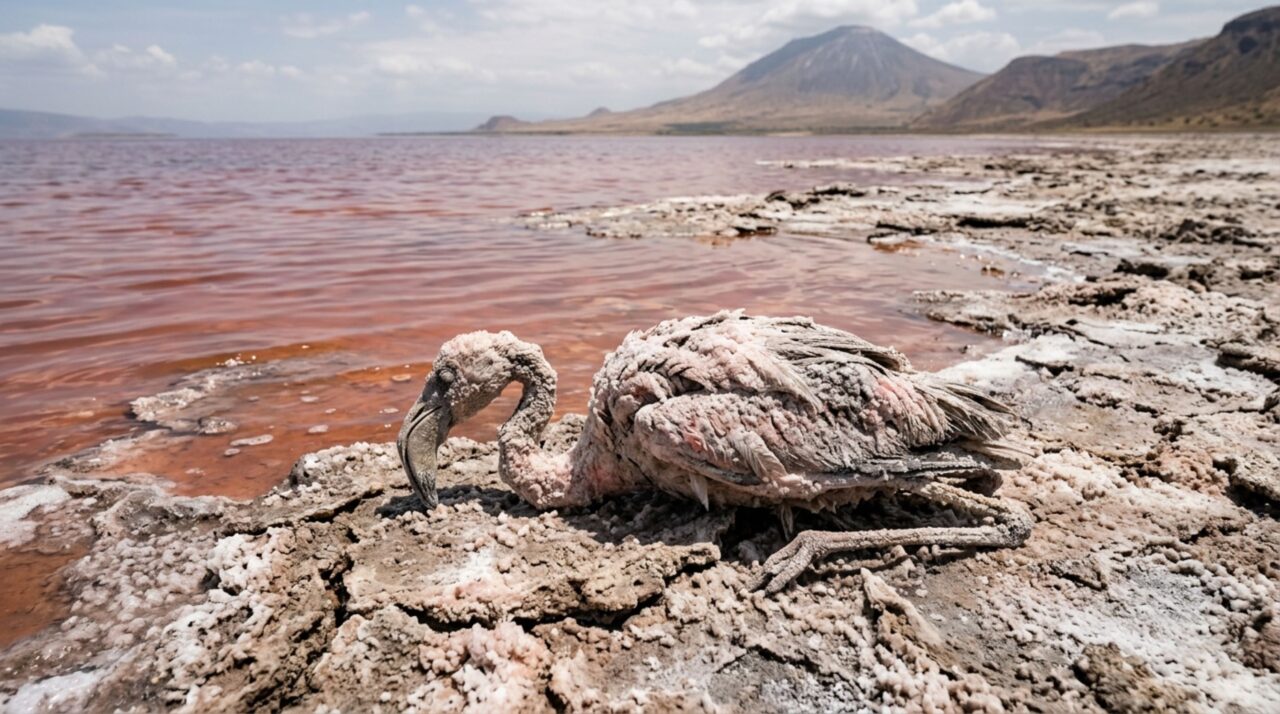 No Lago Natron, a alta concentração de sais ajuda a preservar cadáveres e cria a aparência calcificada que tornou o lago famoso