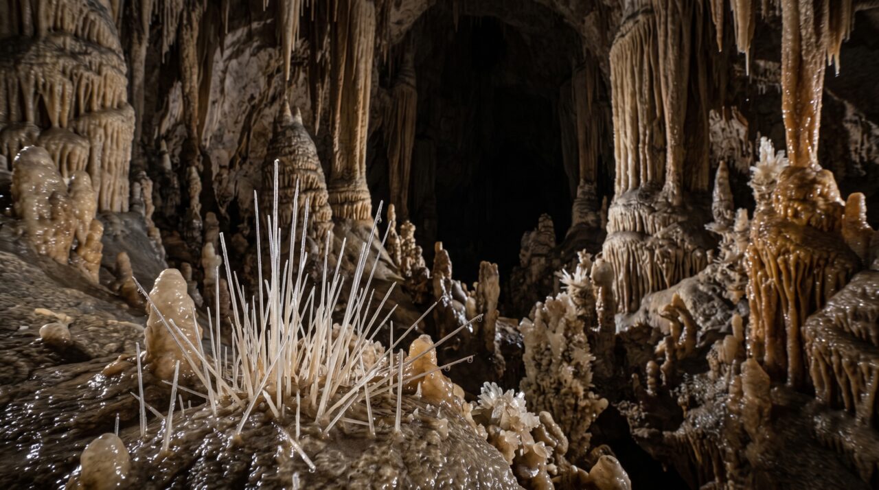 Uma caverna guarda cristais de calcita tão finos que parecem agulhas, mas continuam crescendo gota a gota em completa escuridão