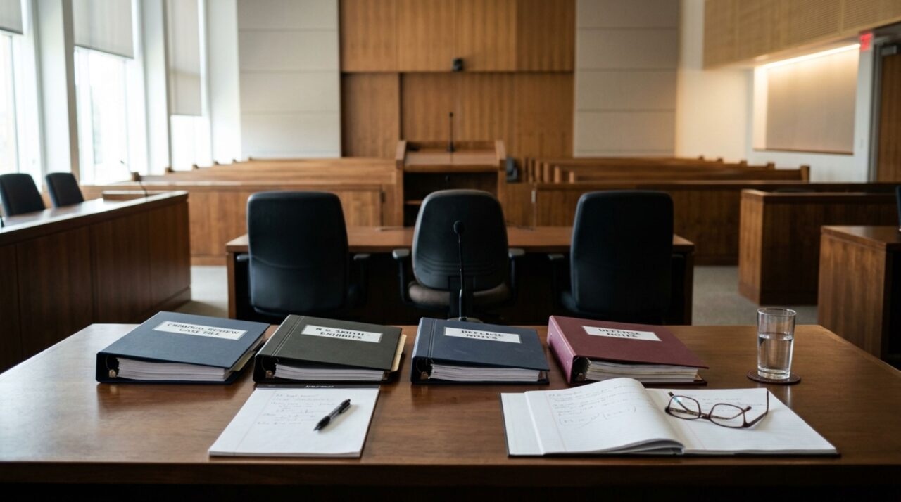 Mesa de defesa e processos jurídicos representam a atuação profissional na revisão de condenações