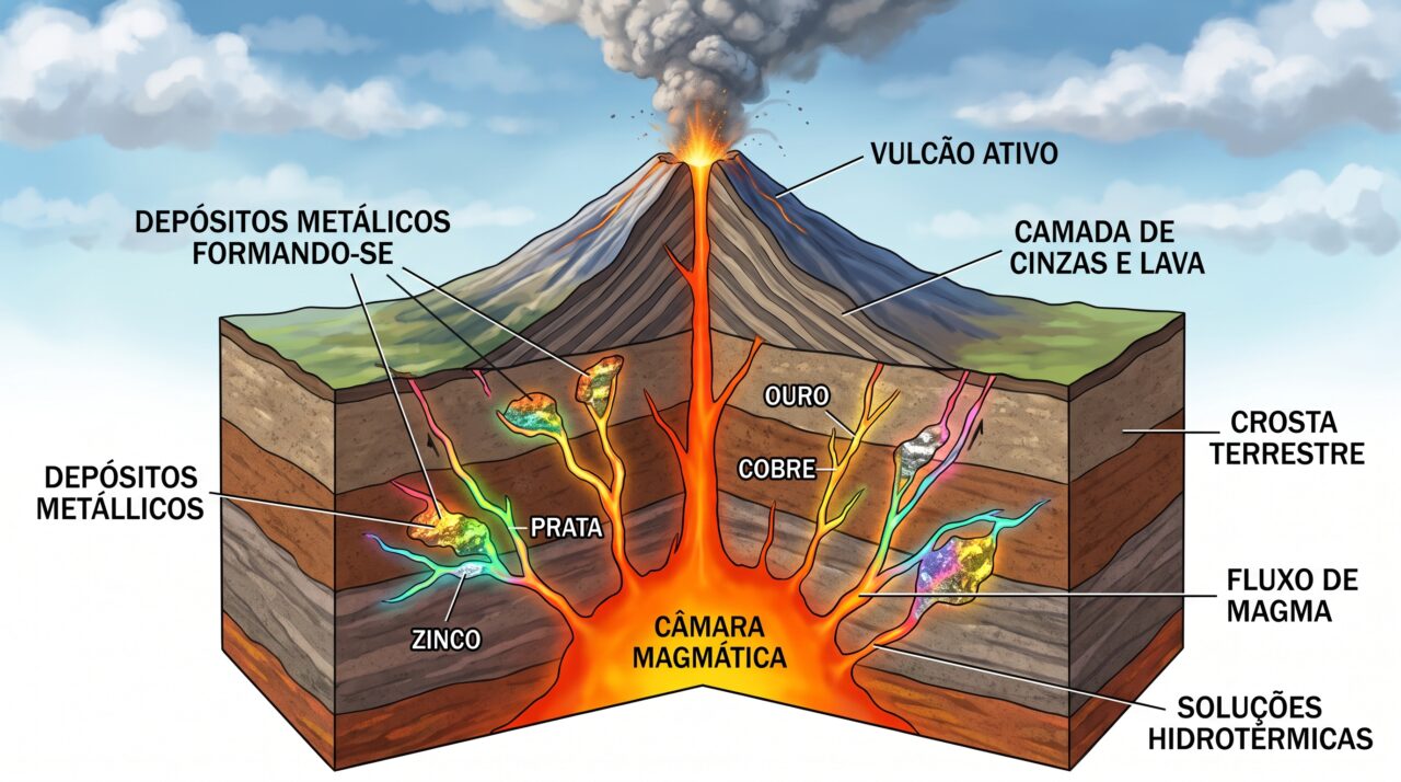 Descoberta de um depósito de metais em formação debaixo de um vulcão ativo.