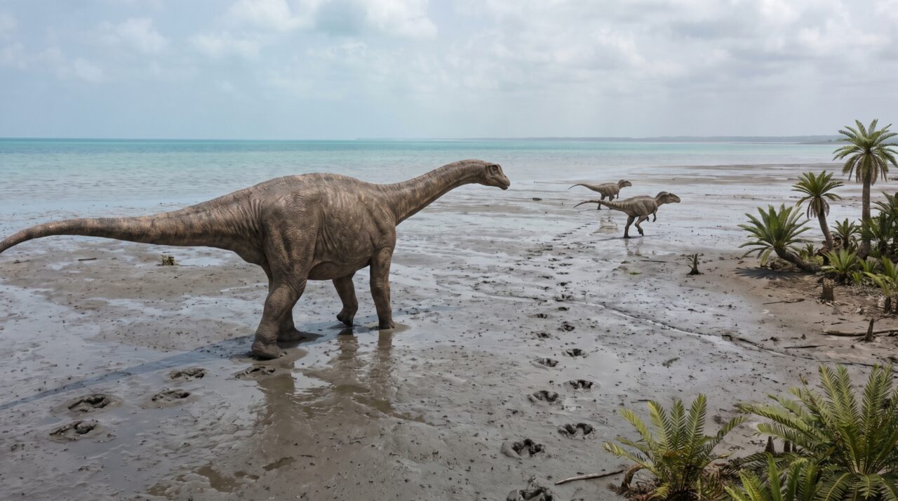 Pegadas de dinossauros feitas há 113 milhões de anos no Texas sobreviveram porque lama costeira secou, foi coberta por sedimentos e virou rocha, até a erosão do rio Paluxy expor novamente trilhas de saurópodes e terópodes