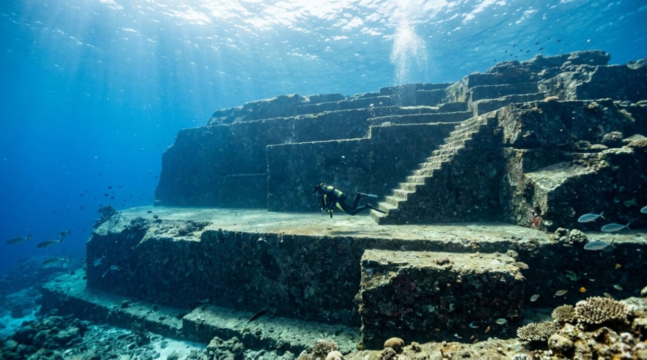 A pirâmide colossal submersa de 250 metros de largura descoberta por acaso no oceano que divide os cientistas até hoje