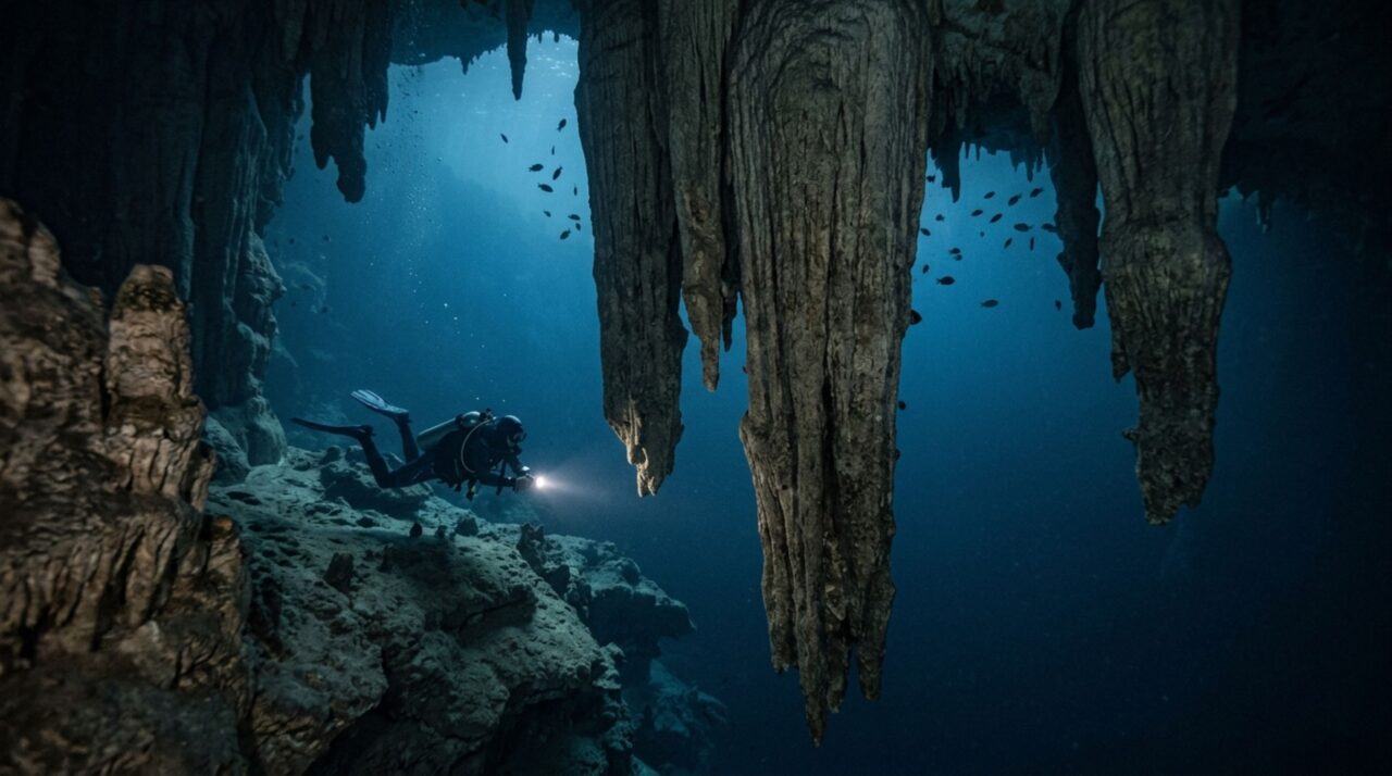 As estalactites submersas do Great Blue Hole mostram que a formação já foi uma caverna seca de calcário