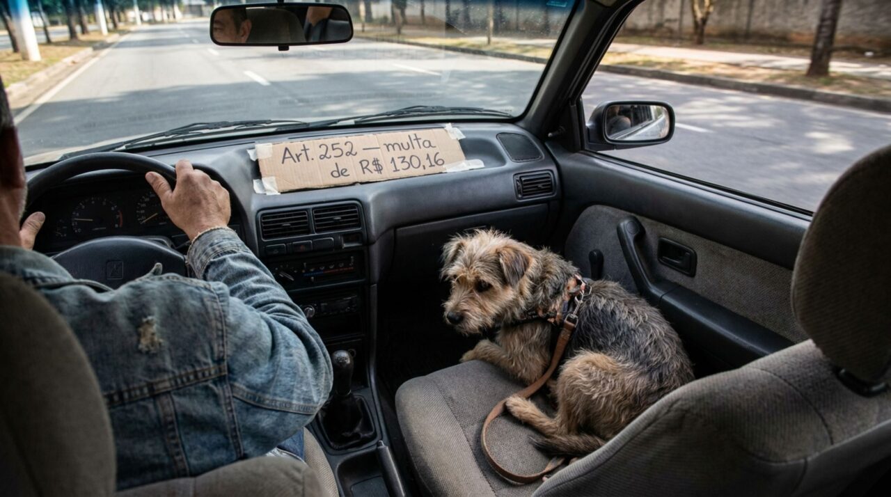 Motorista coloca cachorro pequeno no colo para levá-lo ao veterinário, recebe multa e diz que o animal estava preso pela guia e não atrapalhava a direção