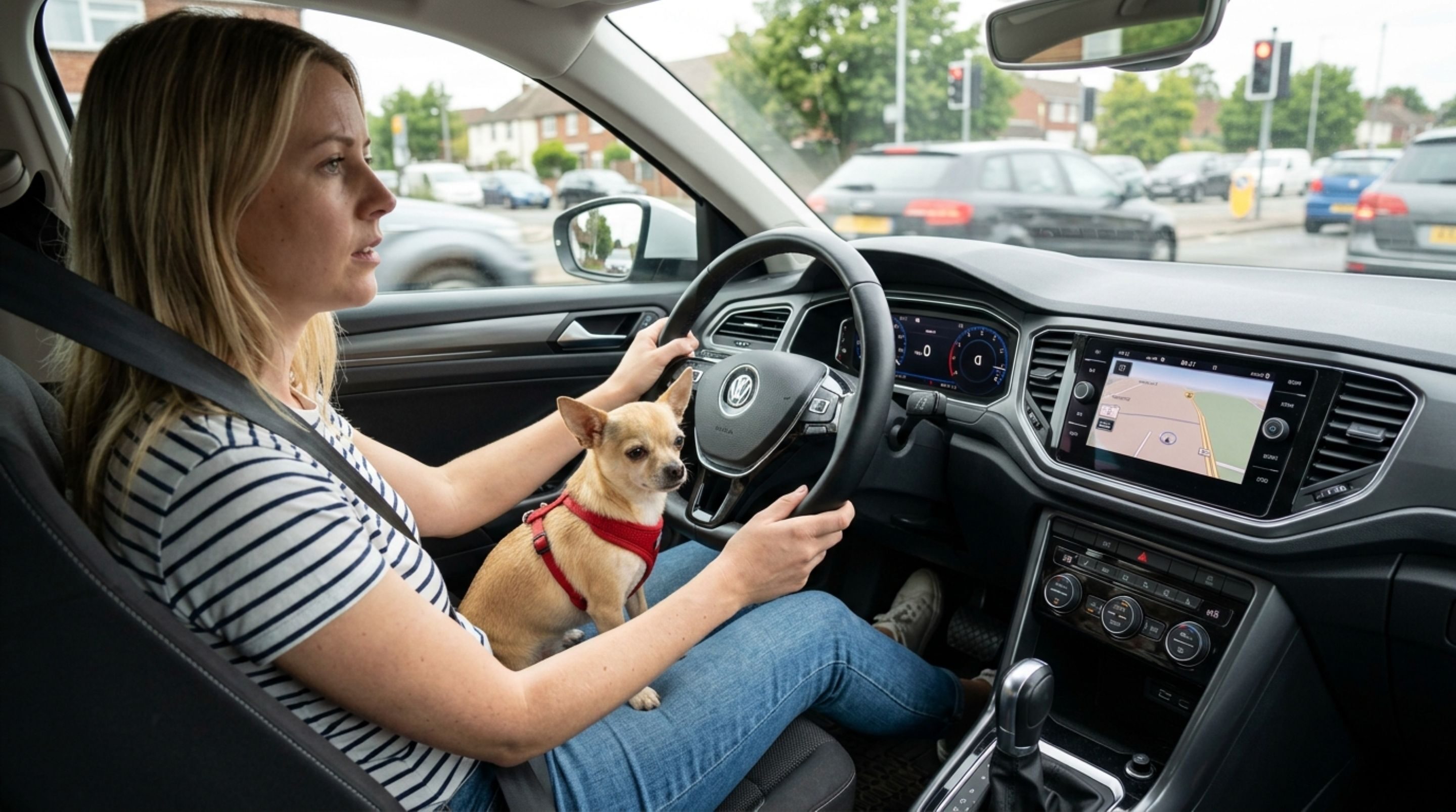 Motorista pode ser multado por levar o cachorro no colo e descobre que a lei proíbe animais entre os braços e as pernas