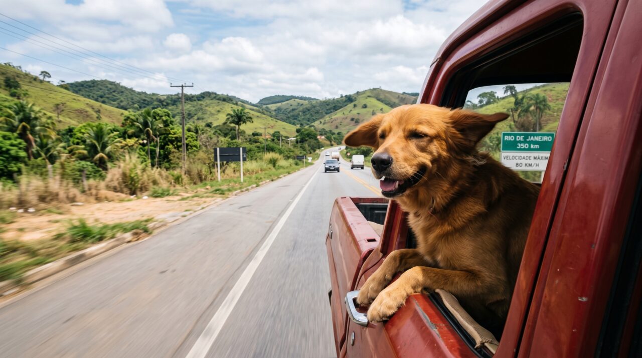 Cachorro com a cabeça para fora da janela e a multa de trânsito pela infração grave