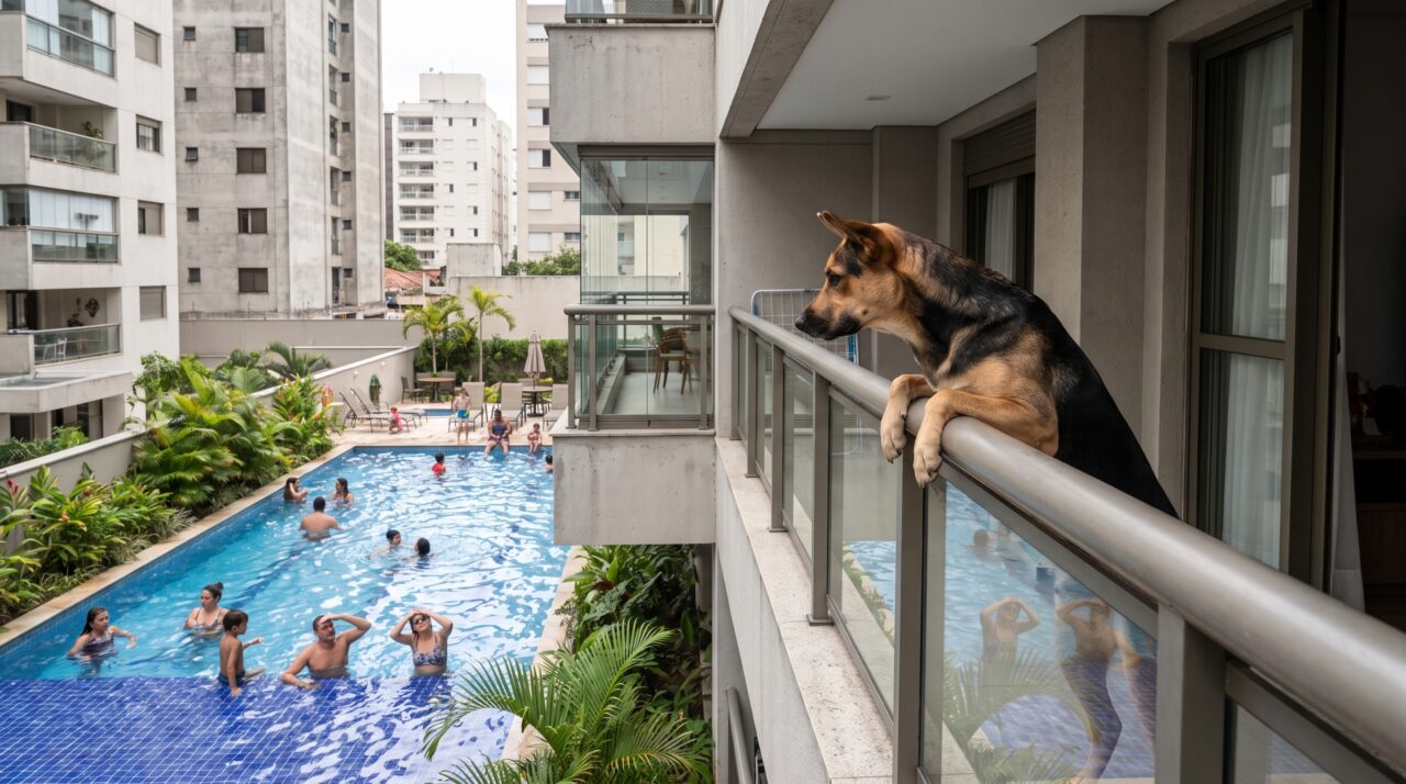 Morador começa a deixar o cachorro sozinho na varanda durante o expediente e vizinhos do prédio ao lado passam a registrar que o animal late sempre que alguém usa a piscina
