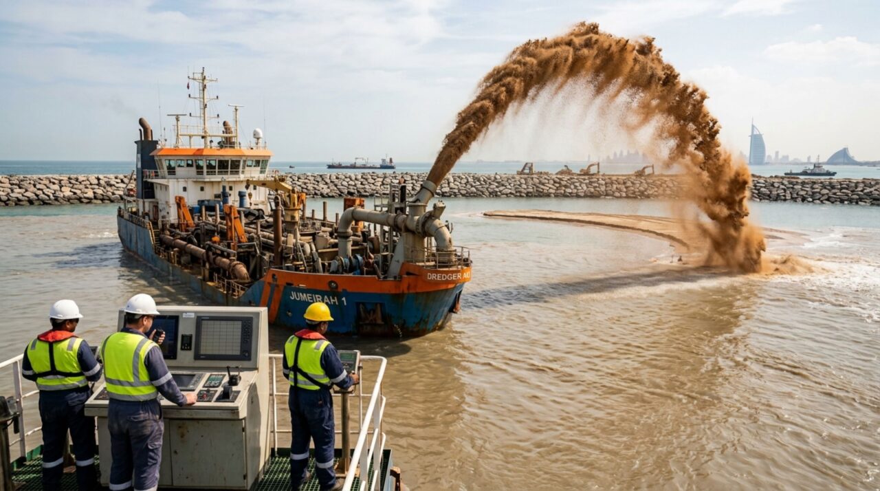 Na construção da Palm Jumeirah, dragas lançaram areia com precisão sobre o fundo marinho enquanto sistemas de posicionamento ajudavam a formar cada parte da ilha artificial