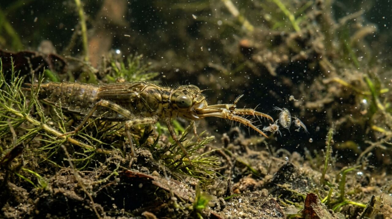 Aparentemente imóvel no fundo de rios e lagos, uma larva aquática possui uma estrutura bucal articulada que se projeta para a frente em alta velocidade e captura outros animais antes que eles percebam a aproximação do predador