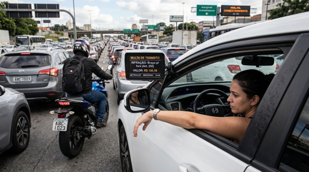 Motorista deixa o braço para fora da janela durante o calor, recebe multa e diz que estava parado no congestionamento