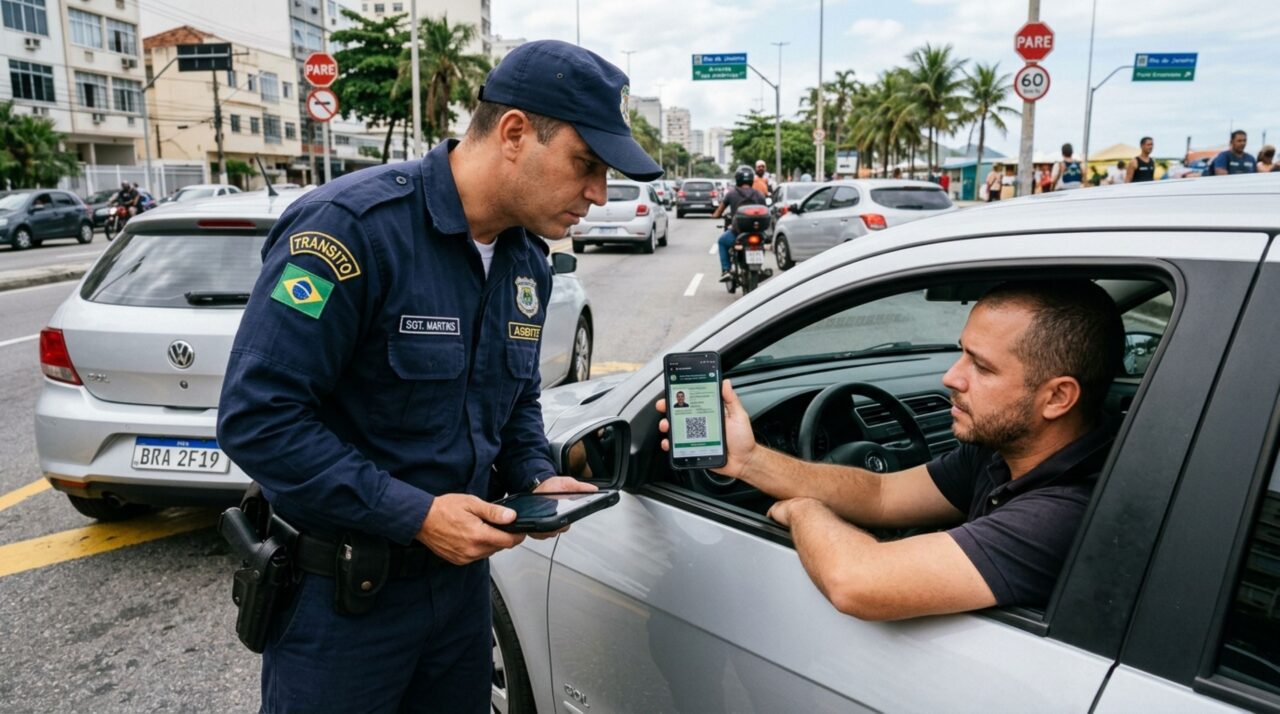 Motorista é parado na blitz de trânsito, ao ser requisitada a CNH ele afirma estar sem sinal de internet, mas abre o documento já salvo no aplicativo, agente confere os dados apresentados no celular
