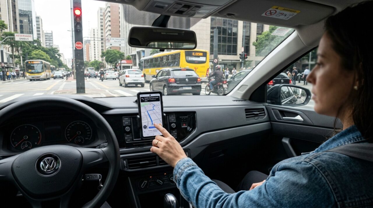 Motorista coloca o celular no suporte para seguir o GPS, mas ao mexer no celular durante parada no sinal vermelho, recebe multa e descobre que manusear o aparelho, mesmo no suporte, continua sendo infração
