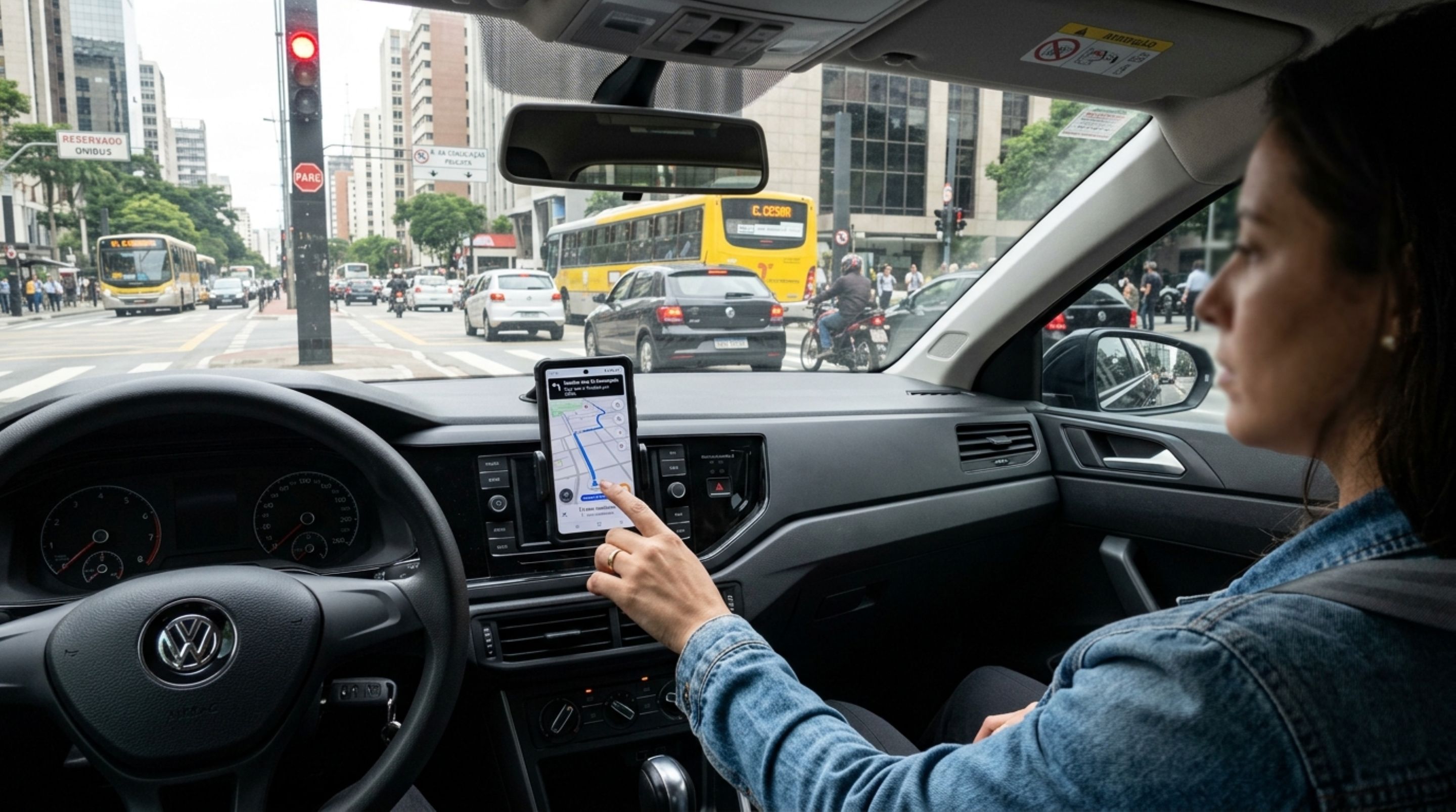 Motorista coloca o celular no suporte para seguir o GPS, mas ao mexer no celular durante parada no sinal vermelho, recebe multa e descobre que manusear o aparelho, mesmo no suporte, continua sendo infração - QTU Questões do Universo