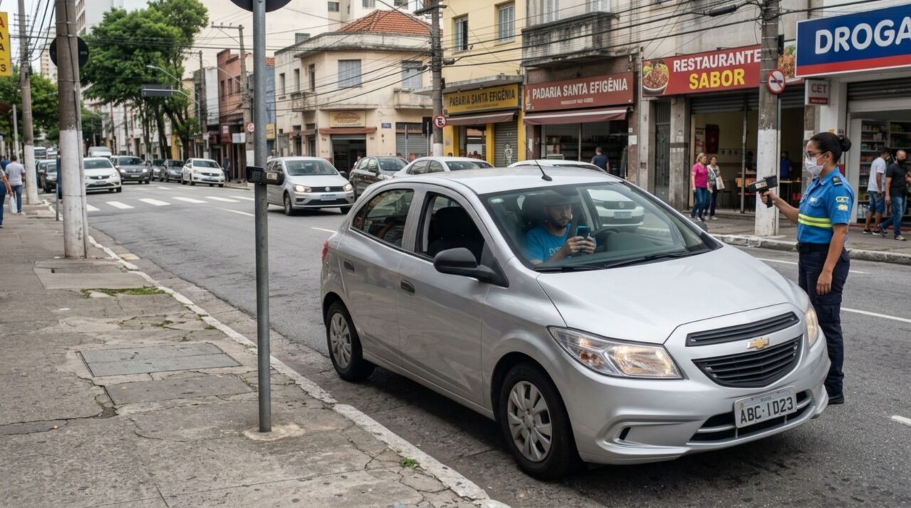 Motorista estaciona e deixa o carro ligado para atender ligação importante e é autuado por agente por uso de celular indevido no trânsito, homem questiona a abordagem alegando que estava parado e estacionado em local permitido