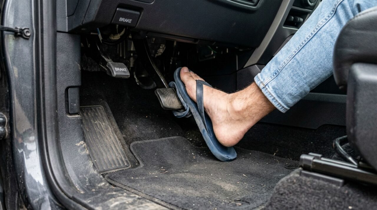 Motorista pode ser multado por dirigir de chinelo e descobre que a lei não proíbe o calçado pelo nome, mas pelo risco aos pedais