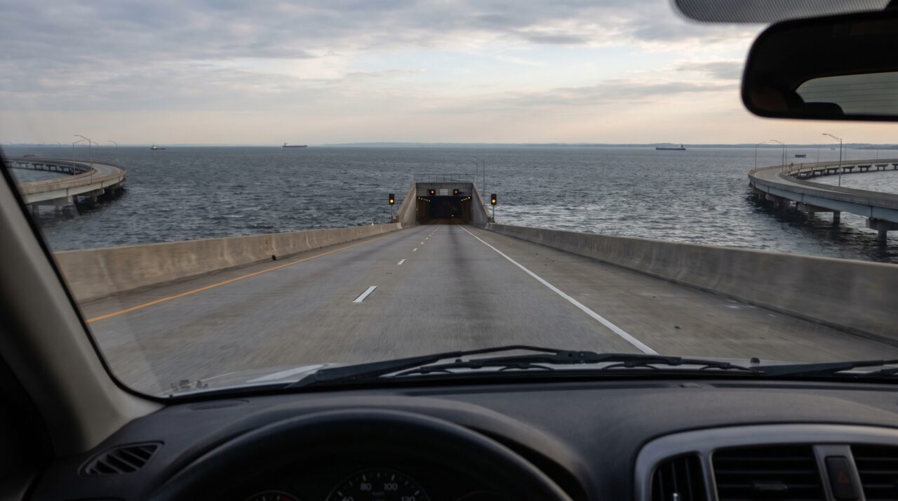 Nesta estrada sobre a Baía de Chesapeake, o asfalto desaparece duas vezes sob a água enquanto os navios passam exatamente por cima da rota dos carros