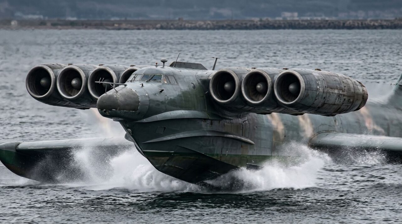 Na decolagem, os oito motores dianteiros ajudavam a aumentar a pressão de ar sob as asas até o Lun-class ekranoplan entrar no regime de efeito solo