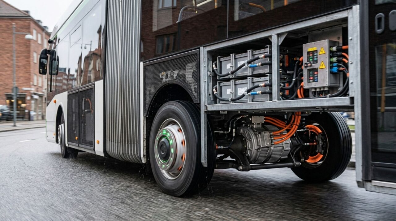 Durante as desacelerações, os motores do ônibus elétrico articulado podem atuar como geradores e recuperar parte da energia cinética para recarregar as baterias