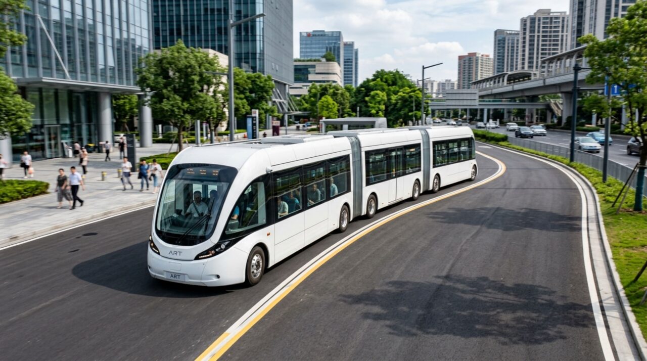 O ônibus articulado gigante de 30 metros de extensão que roda sem motorista e utiliza trilhos virtuais pintados no chão