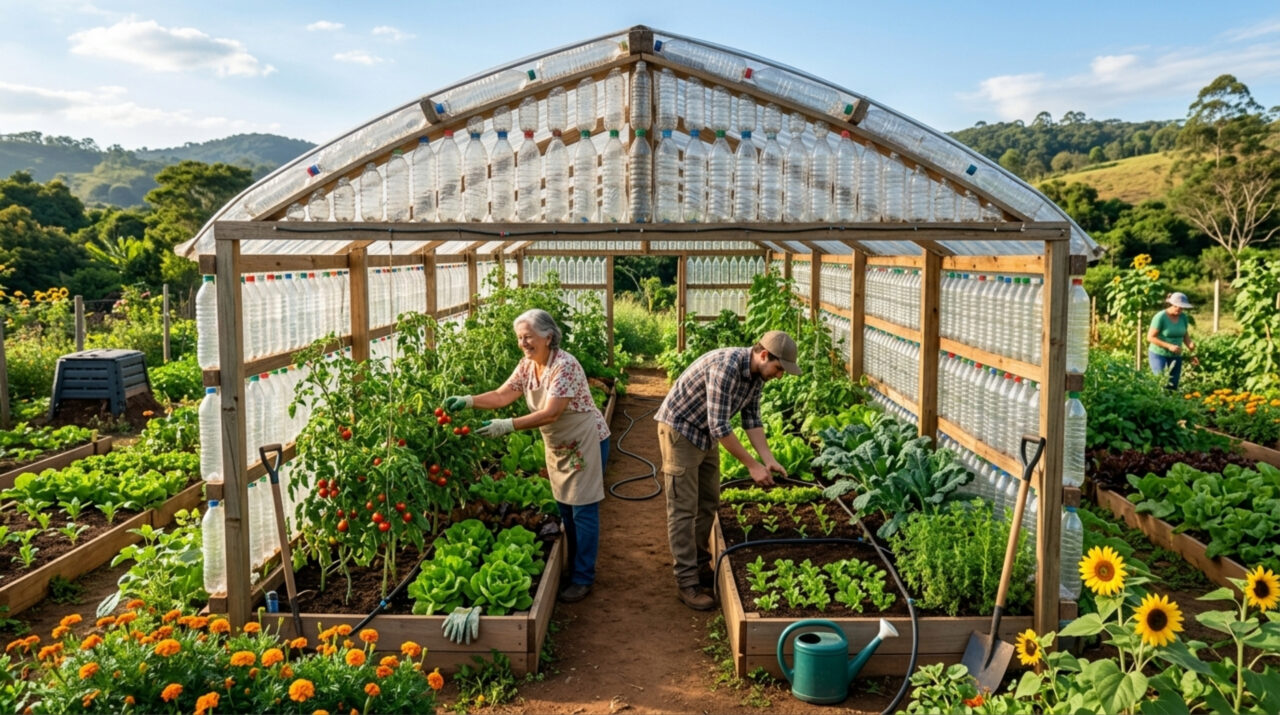 Eles coletaram mais de 2.000 garrafas plásticas para construir uma estufa e acabaram desenvolvendo uma estrutura que vai produzir durante todo o ano