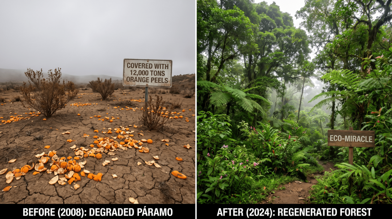 Em 1997, um páramo foi coberto com 12.000 toneladas de cascas de laranja; 16 anos depois, ninguém reconheceu a paisagem