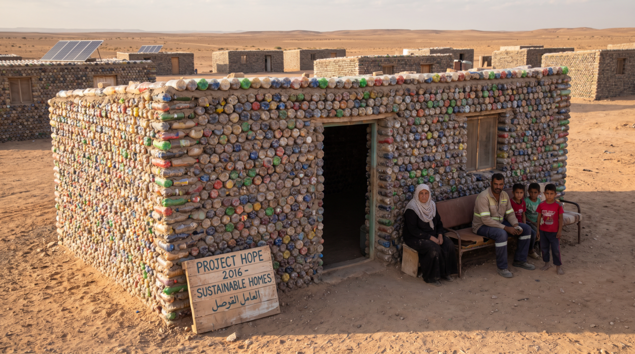 Em 2016, um engenheiro refugiado encheu milhares de garrafas descartadas com areia para construir uma casa mais segura no deserto para sua avó; O experimento expandiu-se para 25 casas