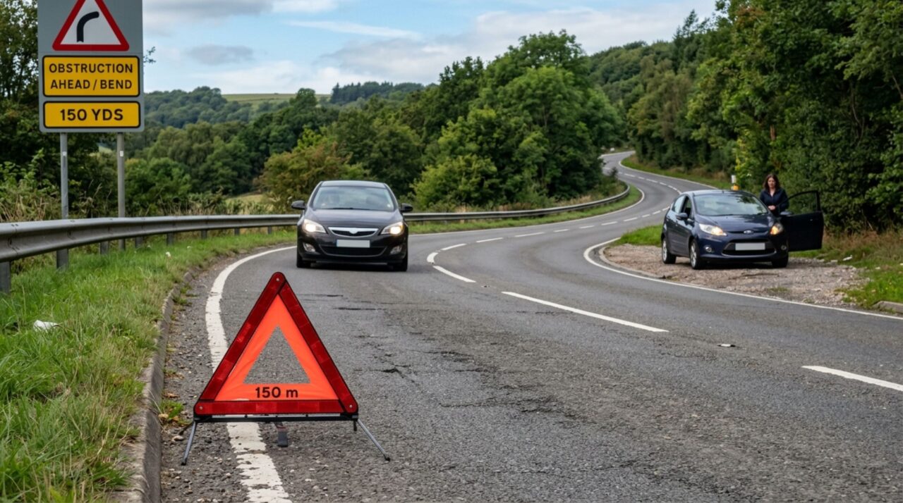 Motorista coloca o triângulo logo atrás do carro após pane e descobre que a norma exige pelo menos 30 metros