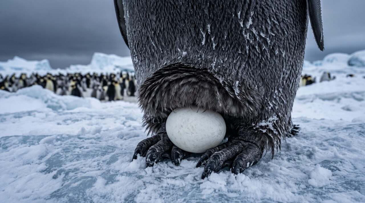 No inverno antártico, o pinguim-imperador macho equilibra um único ovo sobre os pés e passa 9 semanas em jejum, podendo perder 45% do peso antes de voltar ao mar