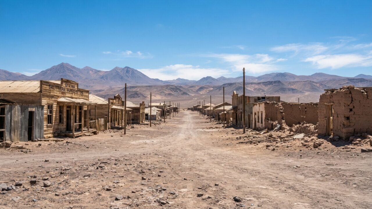 No meio de um dos desertos mais secos da Terra existe uma cidade operária abandonada com teatro, escola, casas e estruturas industriais que sobreviveram ao fim de uma indústria inteira