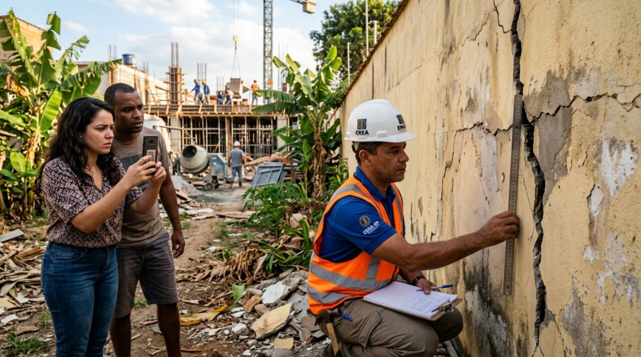 Casal passa férias fora e, ao voltar, descobre que obra do vizinho deixou muro divisório com rachaduras, ele exige reparo antes que estrutura apresente risco