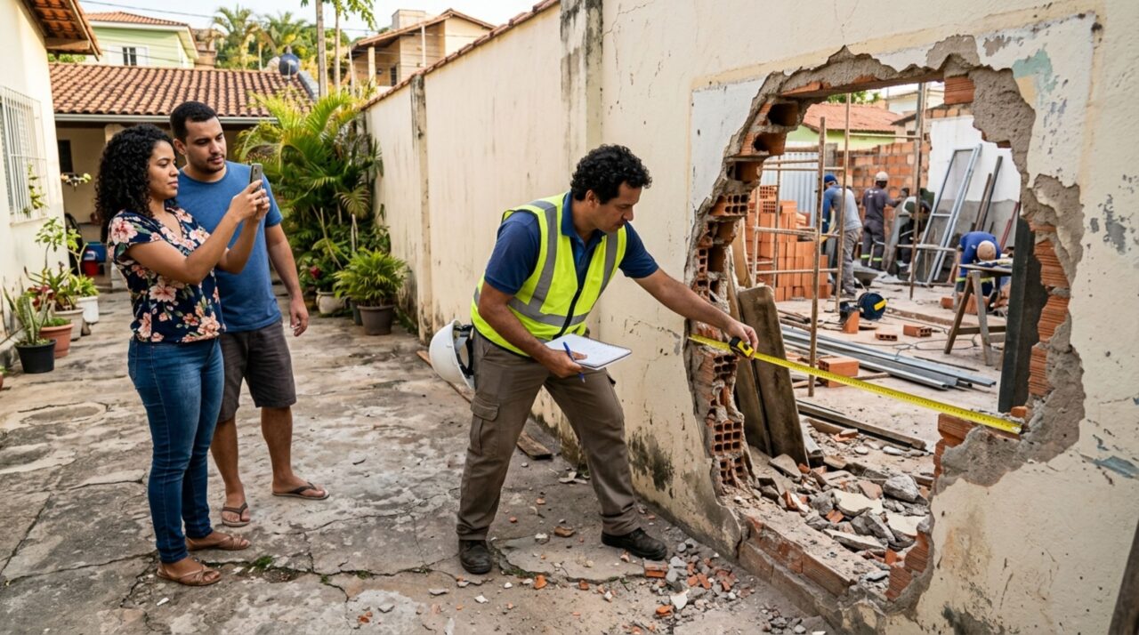 Casal passa alguns dias fora e, ao retornar, encontra passagem aberta no muro pelo vizinho para facilitar uma obra, ele afirma que precisava acessar o terreno