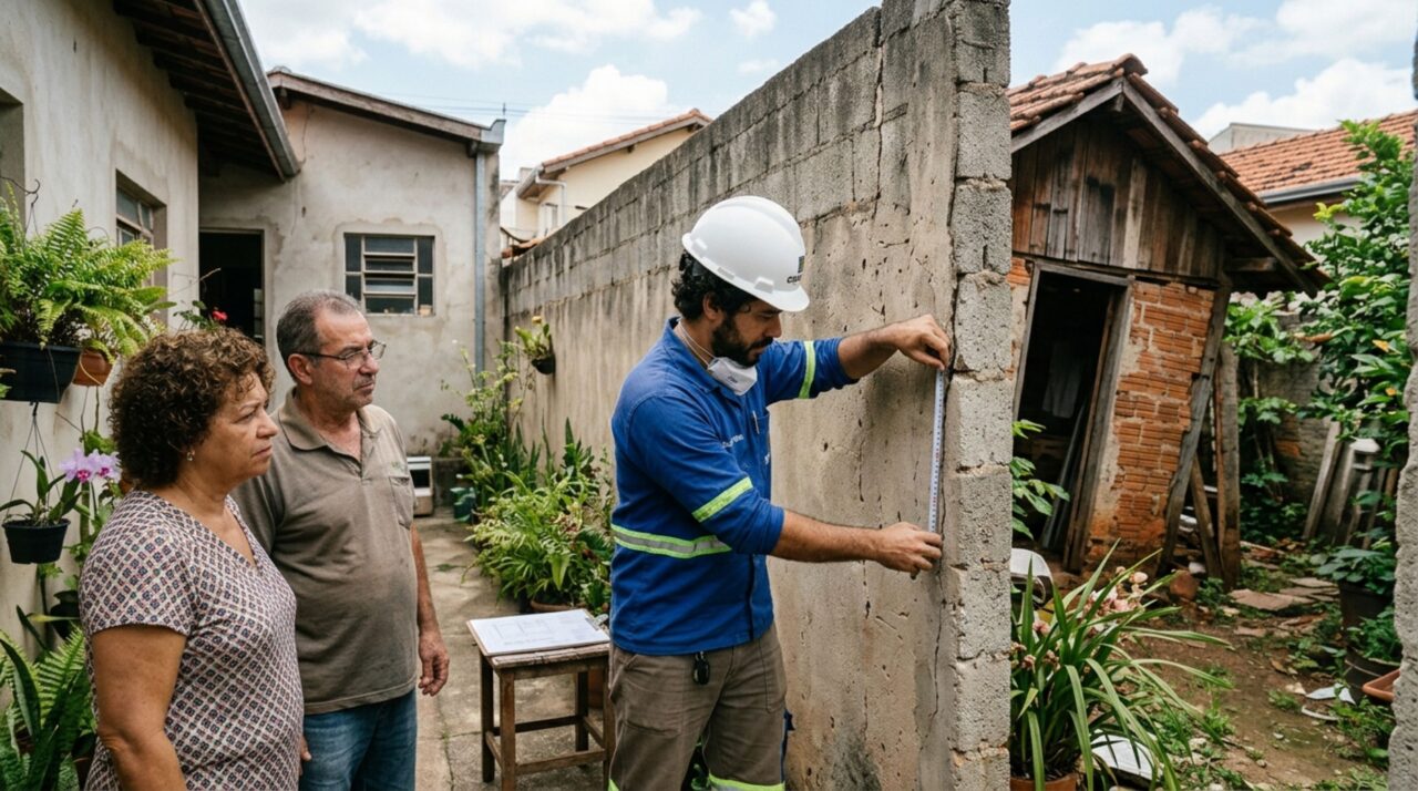Família passa fim de semana fora e, ao voltar, descobre que vizinho instalou estrutura apoiada no muro divisório sem comunicar, ela pede retirada por medo de danos estruturais e caso vai parar na justiça