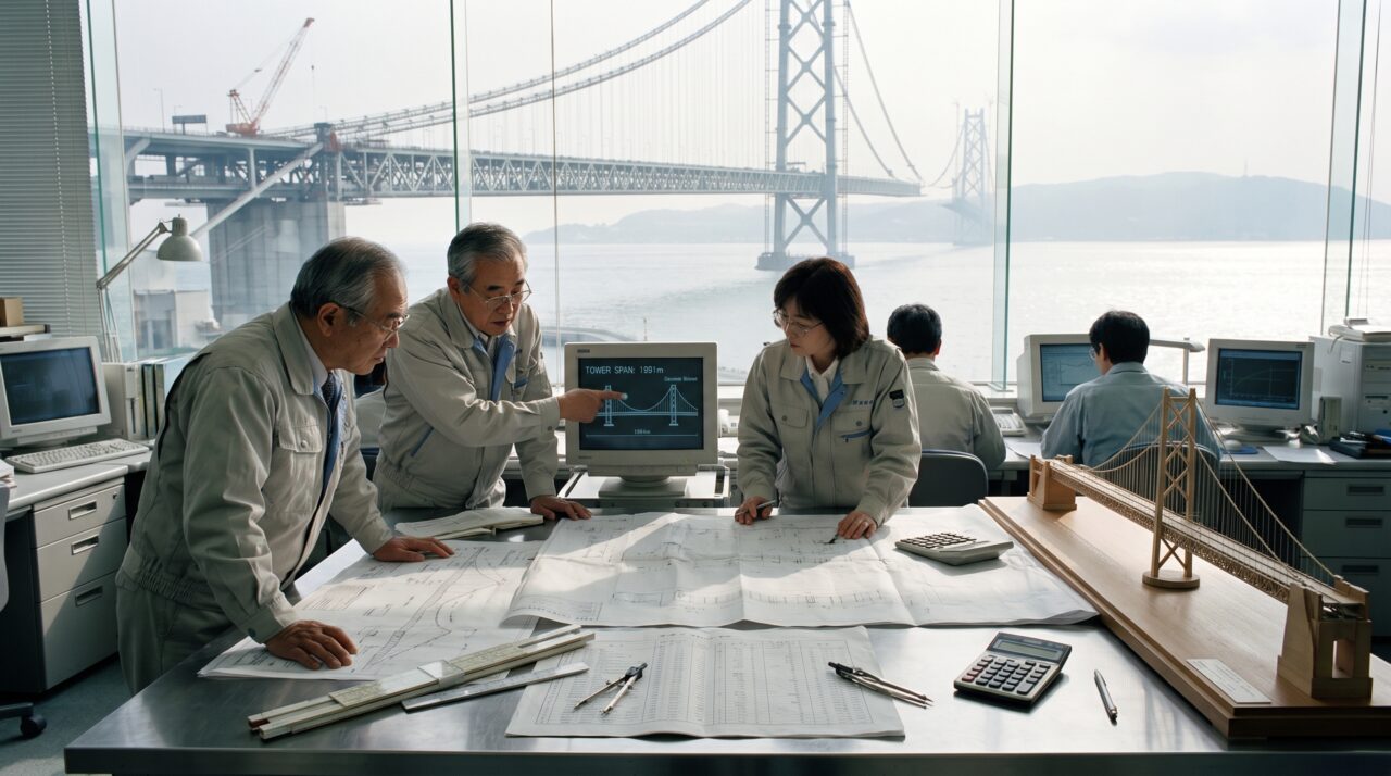 Um terremoto atingiu esta ponte japonesa quando as torres já estavam de pé, e os engenheiros precisaram decidir se desmontavam tudo ou faziam a própria obra acompanhar o chão que havia se movido