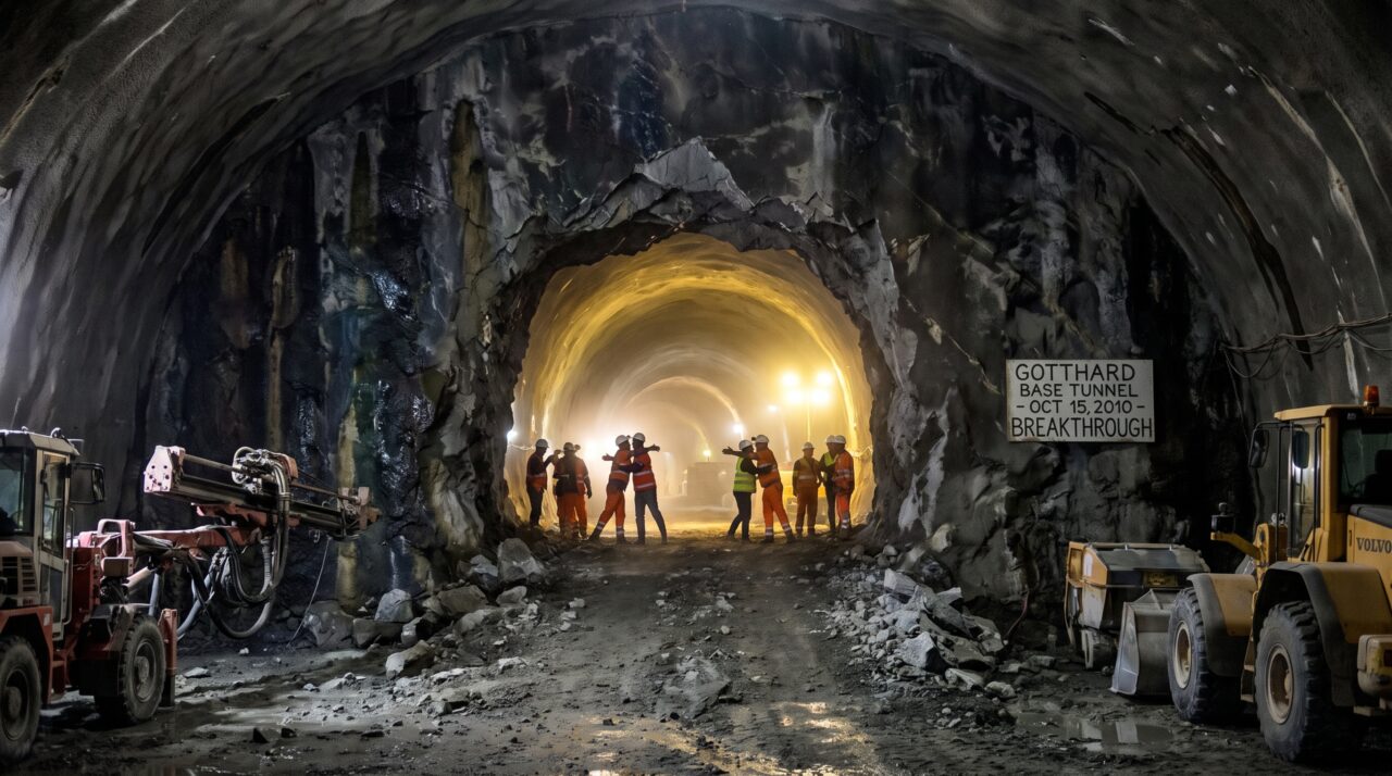 Em 2010, duas equipes escavavam a mesma montanha por lados opostos e só descobriram no último metro se os cálculos tinham funcionado, com um erro final que coube na palma da mão
