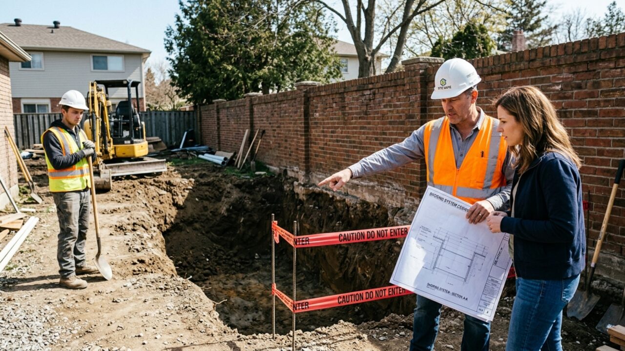 Vizinho começa a construir piscina junto à divisa e escavação deixa fundação da casa ao lado parcialmente exposta