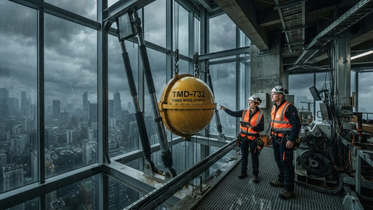 A esfera gigante de aço de 660 toneladas pendurada no topo de um arranha-céu que funciona como um "pêndulo invisível" para evitar que o prédio balance durante furacões