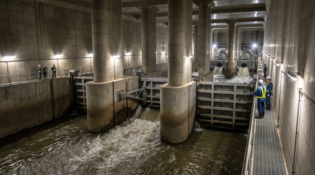 Debaixo de uma cidade japonesa existe uma câmara de 177 metros sustentada por 59 pilares gigantes, mas ela só começa a cumprir sua função quando os rios ameaçam transbordar